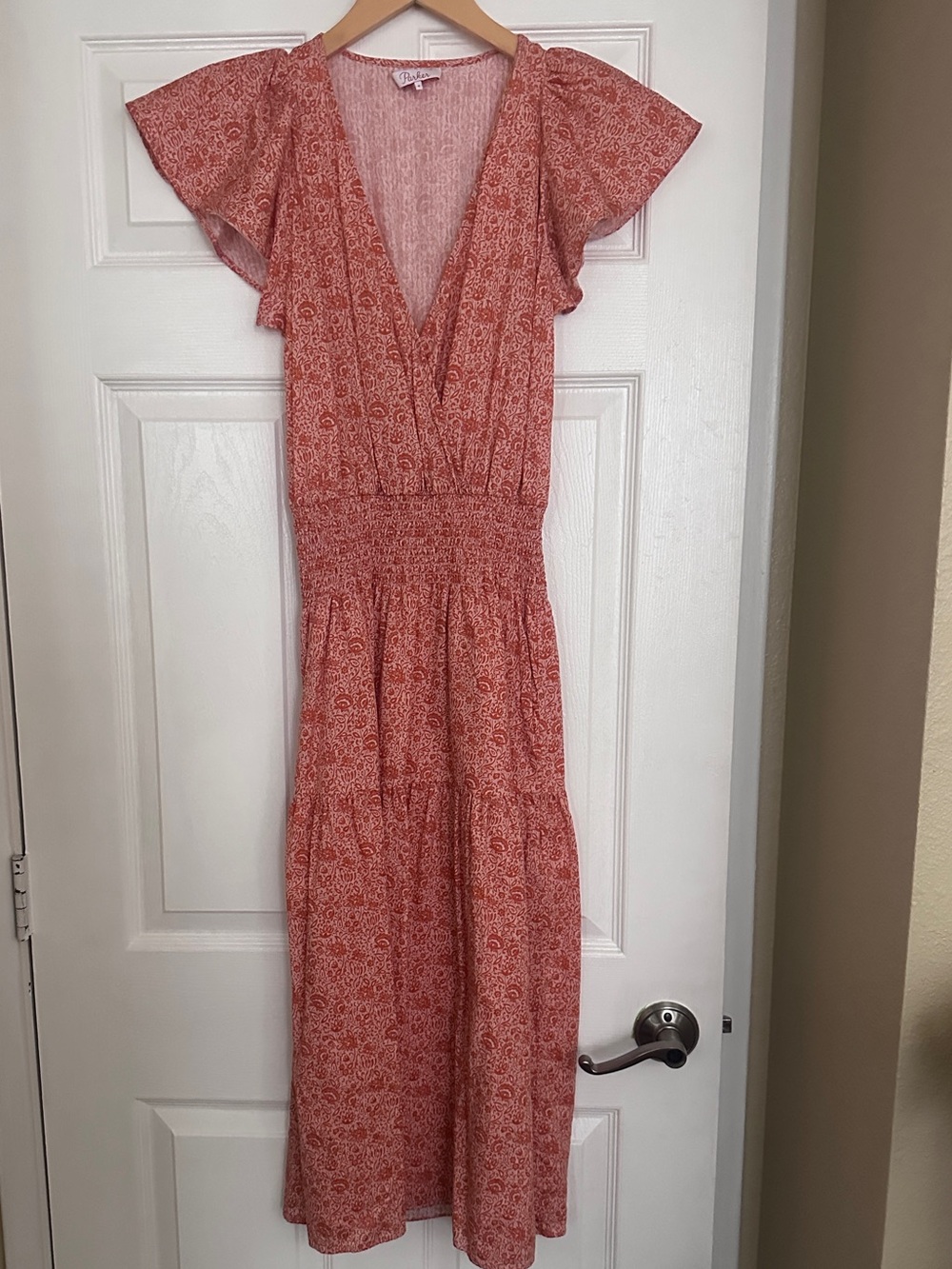 Parker Orange and Ivory Floral V-neck (Wrap-look) Midi Dress - Small